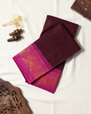 Deep Maroon Checked Sungudi Cotton Saree with Rani Pink Contrast and Antique Gold Zari Woven Peacock Floral Border