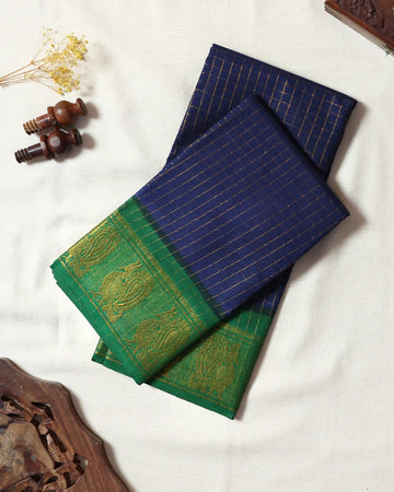 Navy Blue Sungudi Cotton Saree with Emerald Green Contrast and Antique Gold Zari Woven Paisley Border