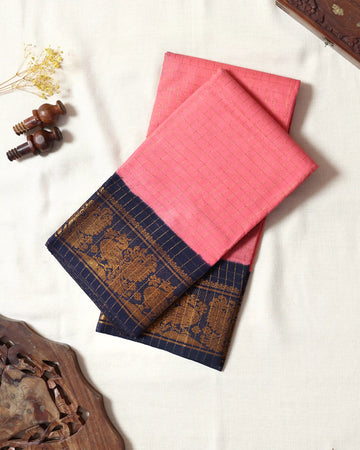 Coral Pink Checked Sungudi Cotton Saree with Navy Blue Contrast and Antique Gold Zari Woven Peacock Floral Border
