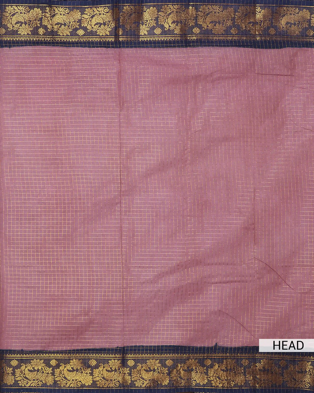 Dusty Rose Pink Sungudi Cotton Saree with Contrast Navy Blue and Antique Gold Zari Woven Floral Border