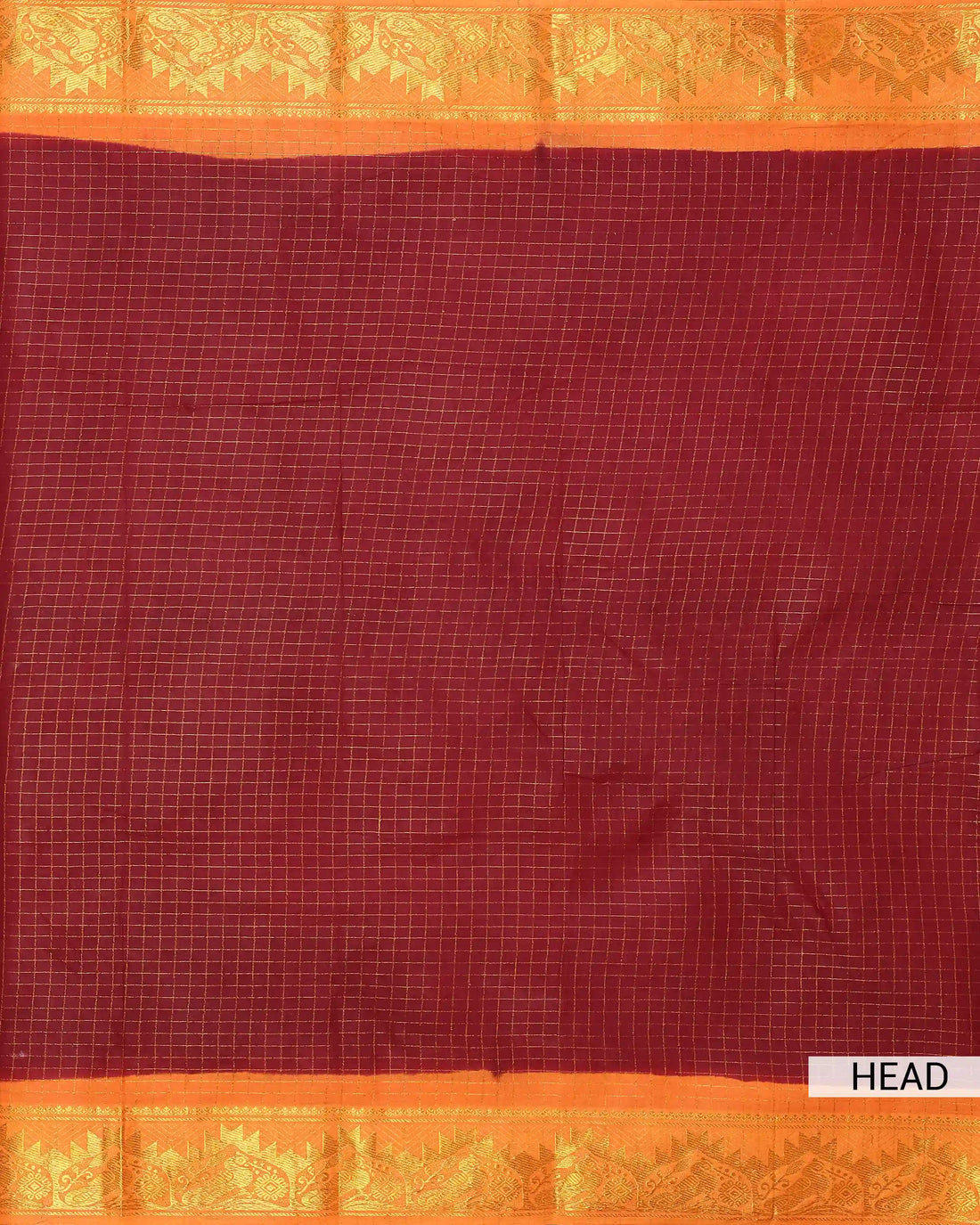 Deep Maroon Checked Sungudi Cotton Saree with Bright Orange Contrast and Antique Gold Zari Woven Peacock Border