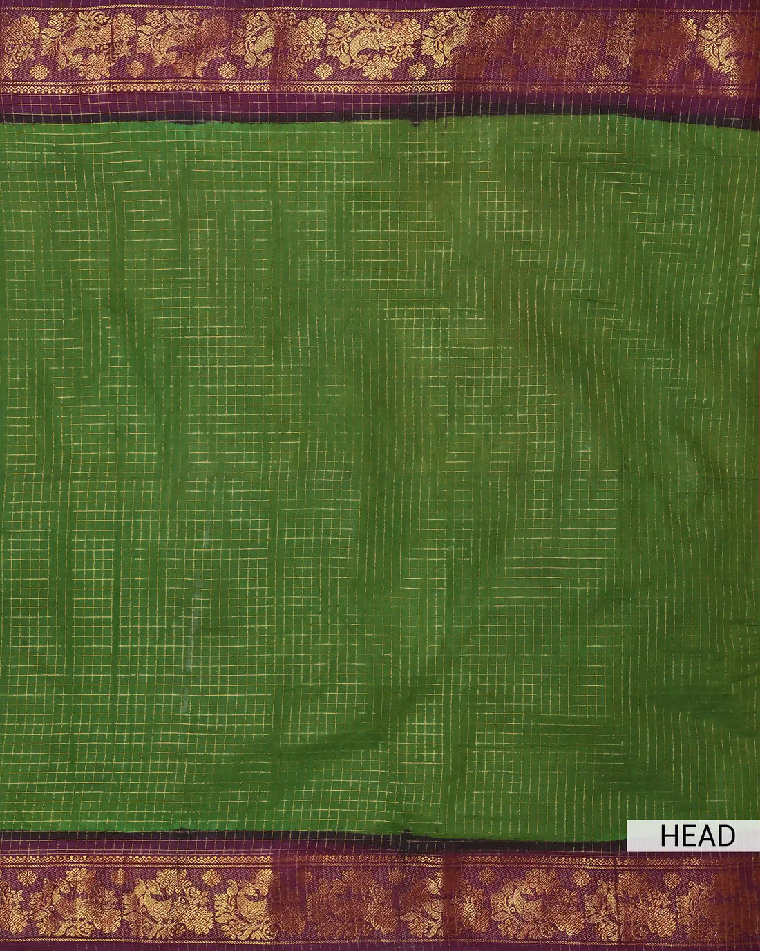 Olive Green Sungudi Cotton Saree with Wine Maroon Contrast and Antique Gold Zari Woven Peacock Floral Border