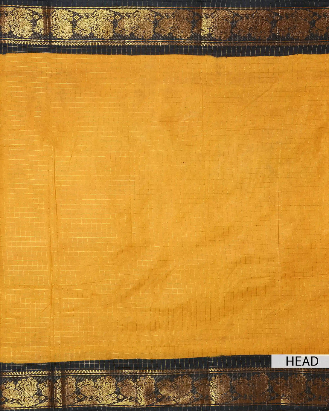 Mustard Yellow Checked Sungudi Cotton Saree with Dark Green Contrast and Antique Gold Zari Woven Peacock Floral Border