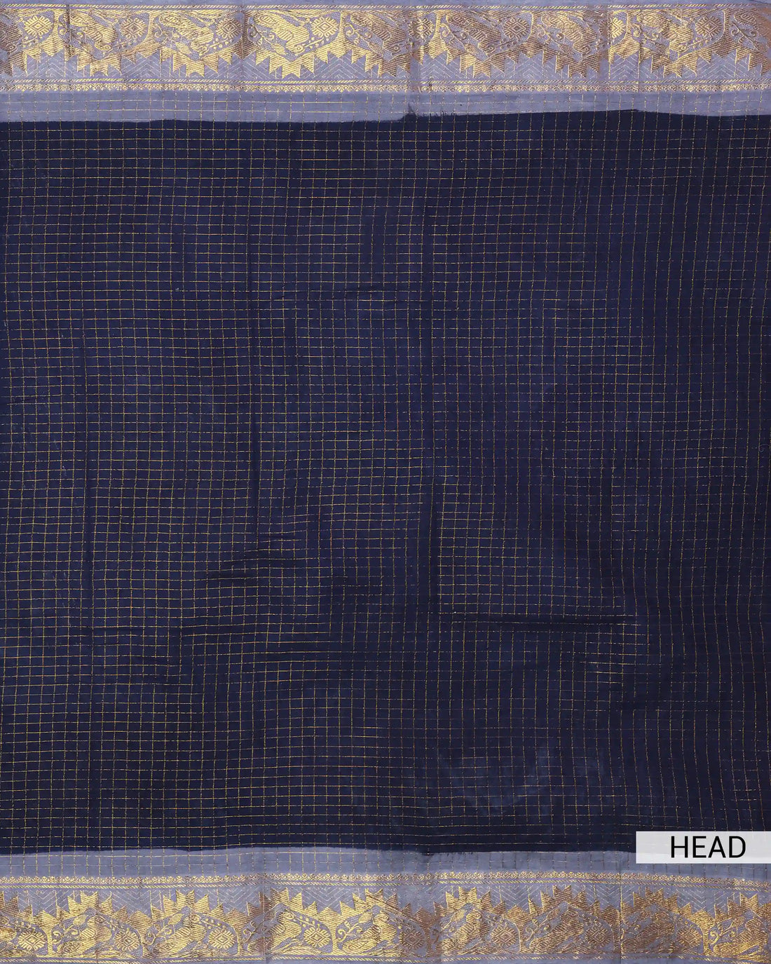 Navy Blue Checked Sungudi Cotton Saree with Slate Grey Contrast and Antique Gold Zari Woven Floral Border