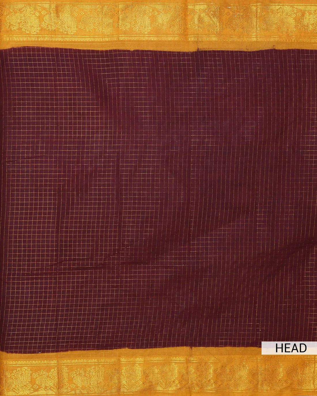 Deep Wine Maroon Sungudi Cotton Saree with Mustard Yellow Contrast and Antique Gold Zari Woven Peacock Floral Border