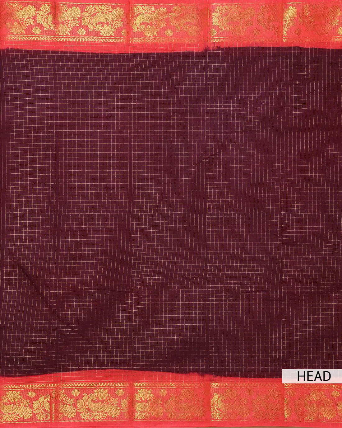 Deep Maroon Checked Sungudi Cotton Saree with Coral Orange Contrast and Gold Zari Woven Peacock Floral Border