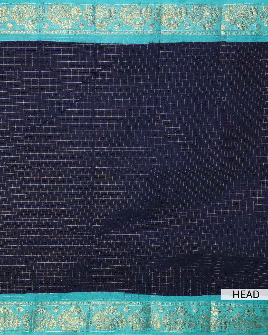 Navy Blue Sungudi Cotton Saree with Turquoise Blue Contrast and Gold Zari Woven Peacock Floral Border