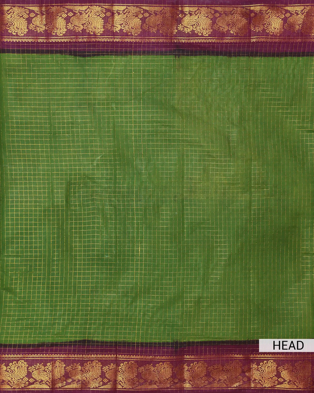 Olive Green Sungudi Cotton Saree with Wine Maroon Contrast and Antique Gold Zari Peacock Motif Border