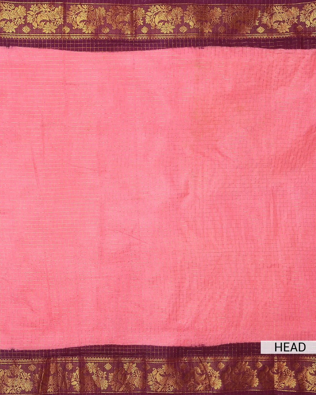 Coral Peach Checked Sungudi Cotton Saree with Wine Maroon Contrast and Antique Gold Zari Woven Peacock Floral Border