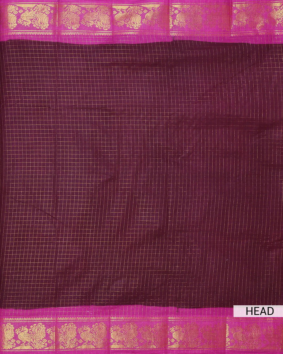 Deep Wine Maroon Checked Sungudi Cotton Saree with Rani Pink Contrast and Antique Gold Zari Woven Peacock Floral Border