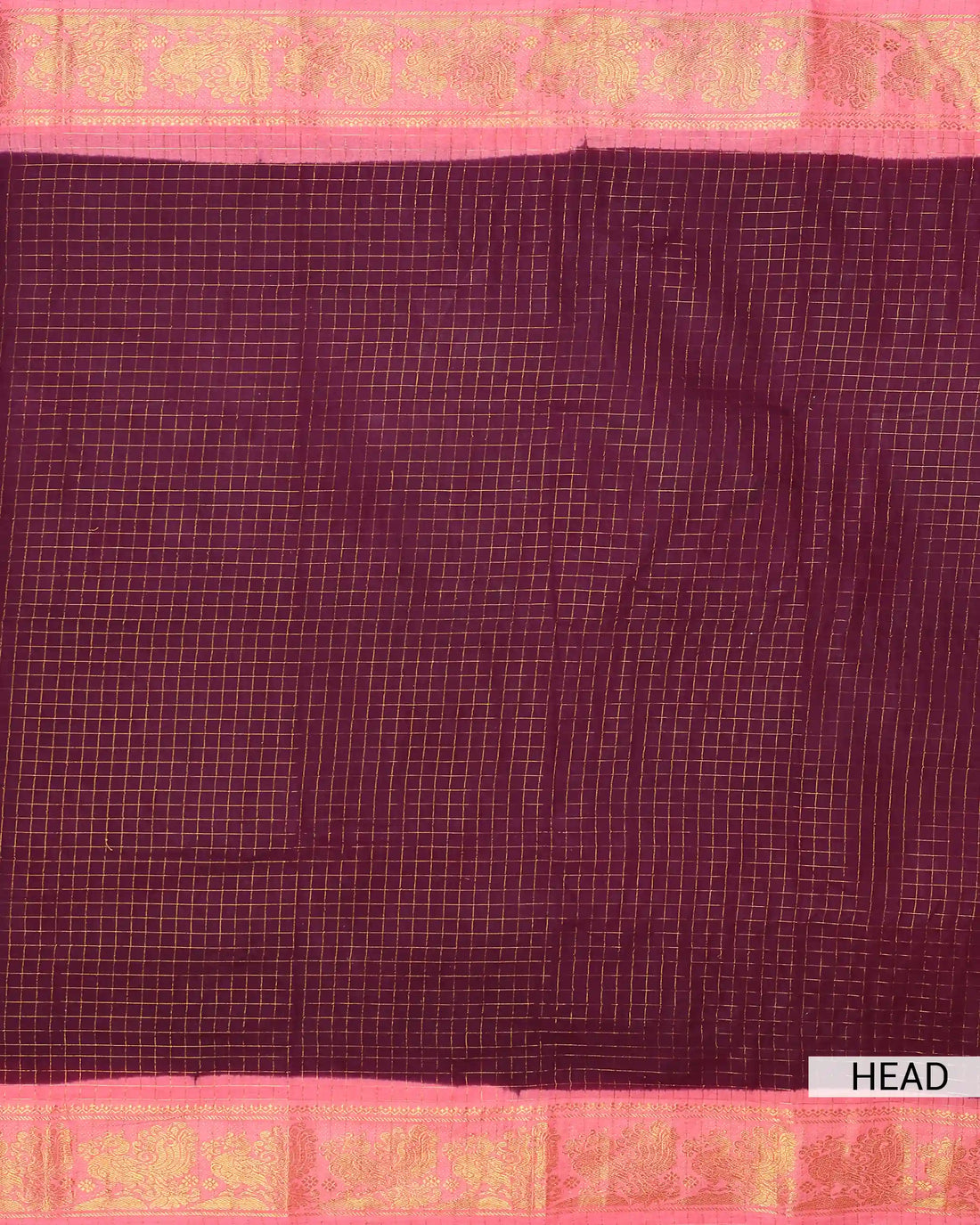 Deep Wine Maroon Checked Sungudi Cotton Saree with Light Pink Contrast and Antique Gold Zari Woven Peacock Floral Border