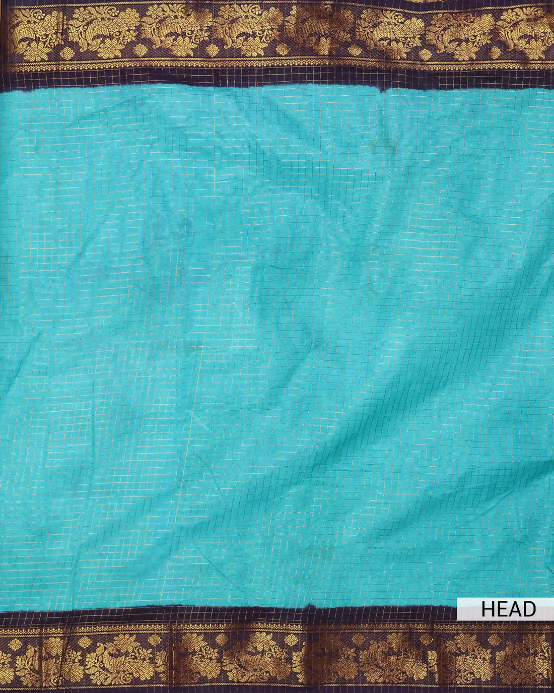Turquoise Blue Checked Sungudi Cotton Saree with Navy Blue Contrast and Antique Gold Zari Woven Peacock Floral Border