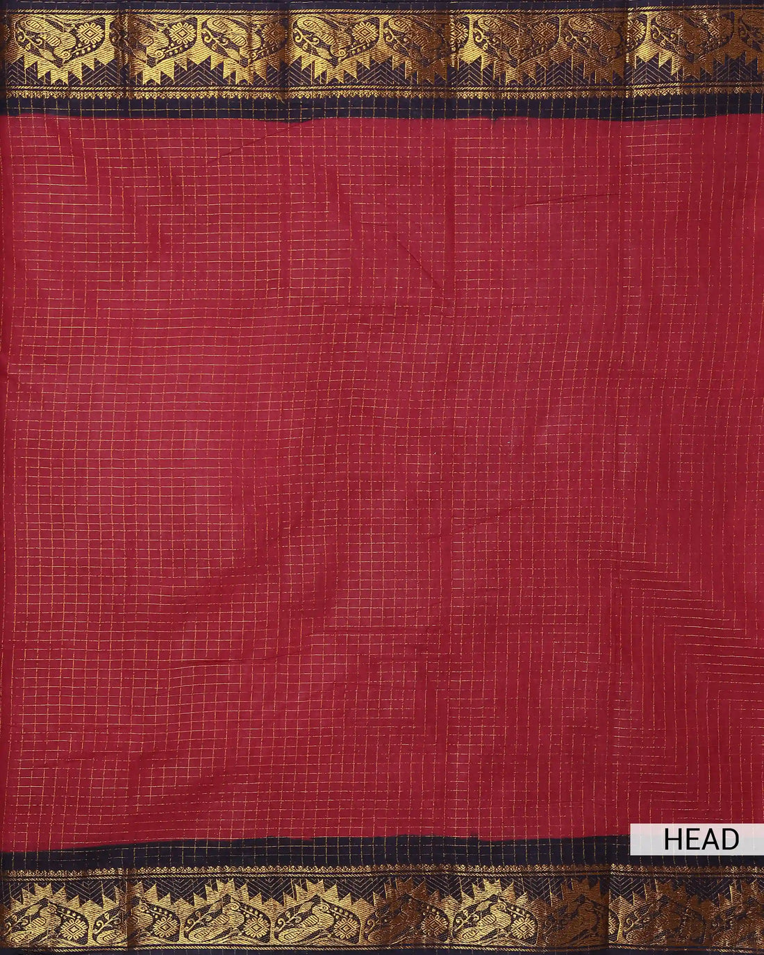 Deep Crimson Red Checked Sungudi Cotton Saree with Navy Blue Contrast and Antique Gold Zari Woven Floral Border