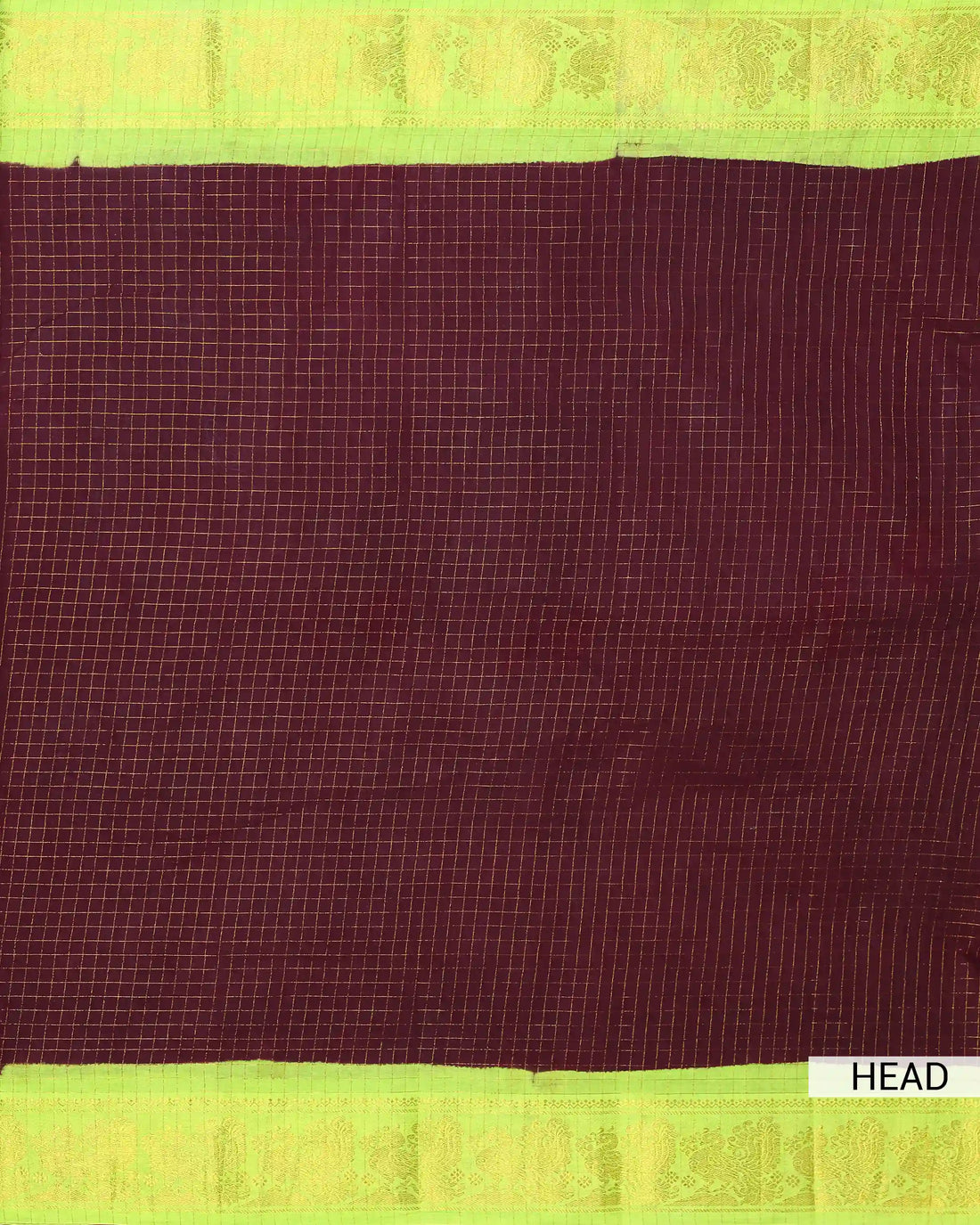 Deep Wine Maroon Checked Sungudi Cotton Saree with Lime Green Contrast and Gold Zari Woven Peacock Floral Border