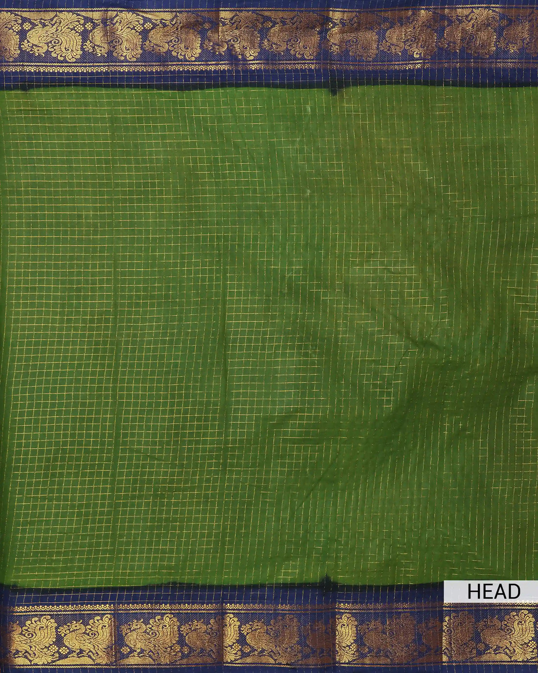 Green Sungudi Cotton Saree with Navy Blue Contrast and Antique Gold Zari Woven Peacock Floral Border