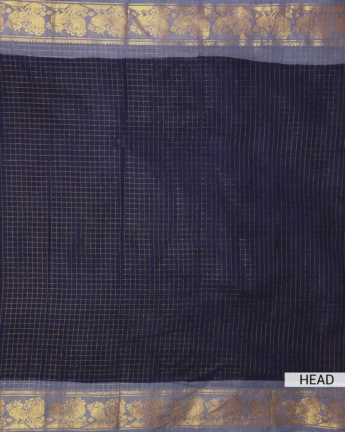 Navy Blue Sungudi Cotton Saree with Slate Grey Contrast and Antique Gold Zari Woven Peacock Floral Border