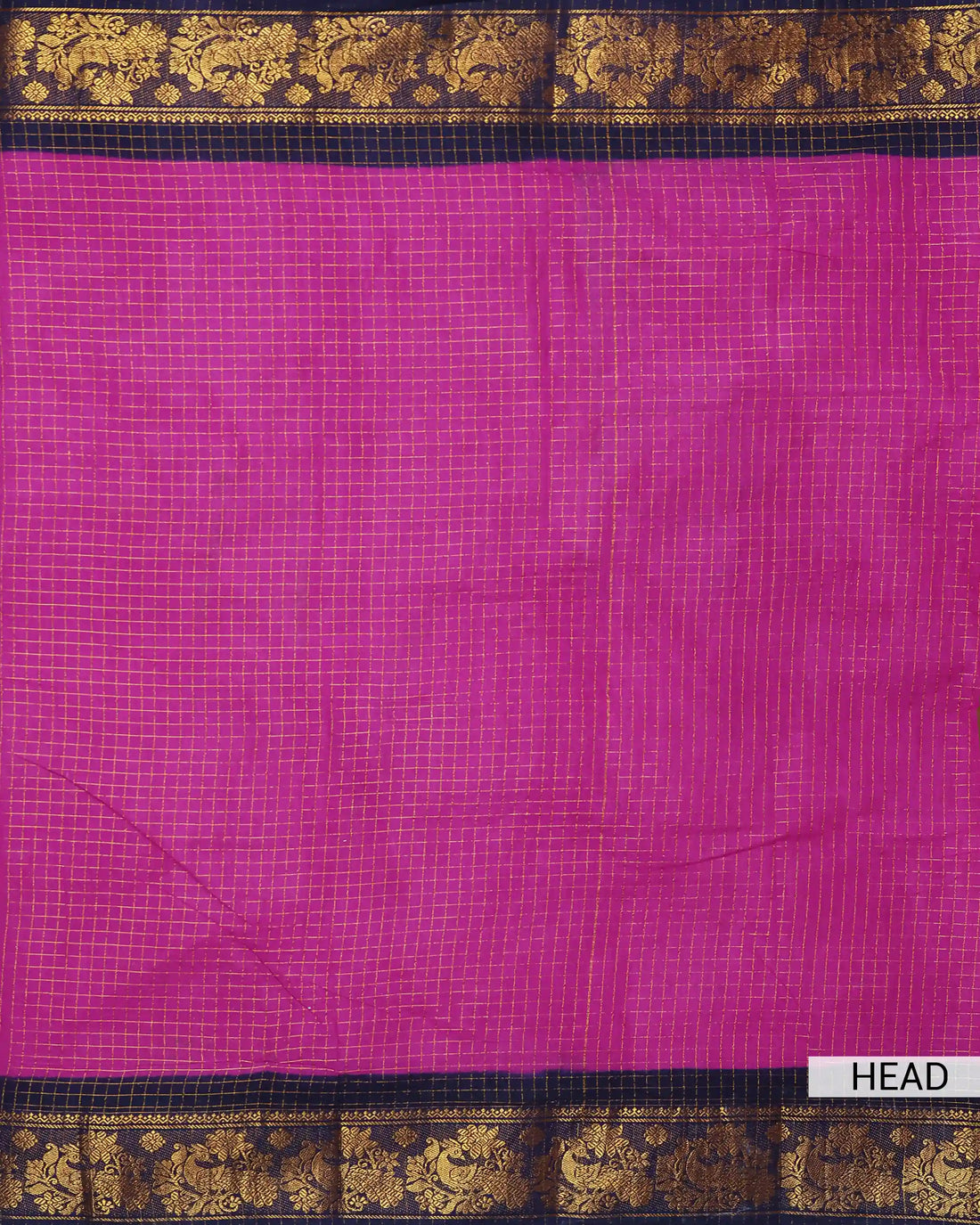 Rani Pink Sungudi Cotton Saree with Navy Blue Contrast and Antique Gold Zari Woven Peacock Floral Border