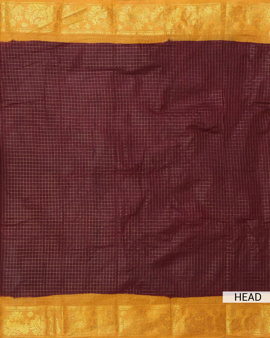 Deep Maroon Checked Sungudi Cotton Saree with Mustard Yellow Contrast and Gold Zari Woven Floral Border