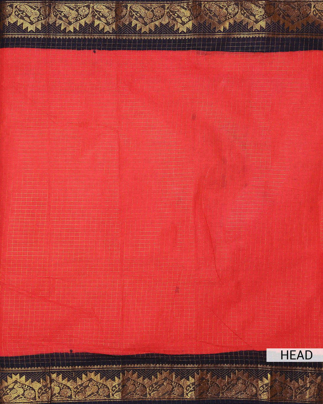 Coral Red Checked Sungudi Cotton Saree with Navy Blue Contrast and Antique Gold Zari Woven Floral Border