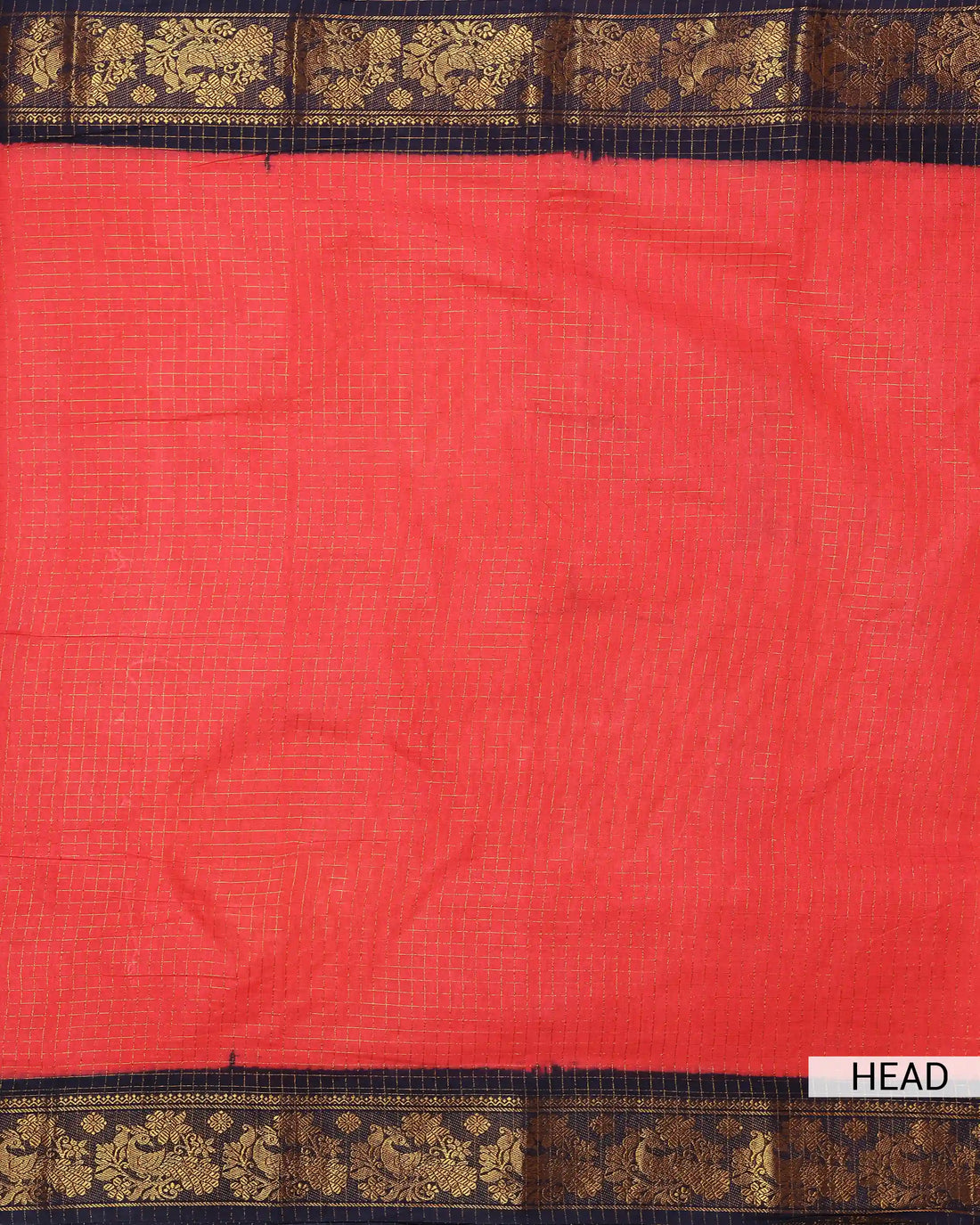 Coral Red Sungudi Cotton Saree with Navy Blue Contrast and Antique Gold Zari Woven Peacock Floral Border