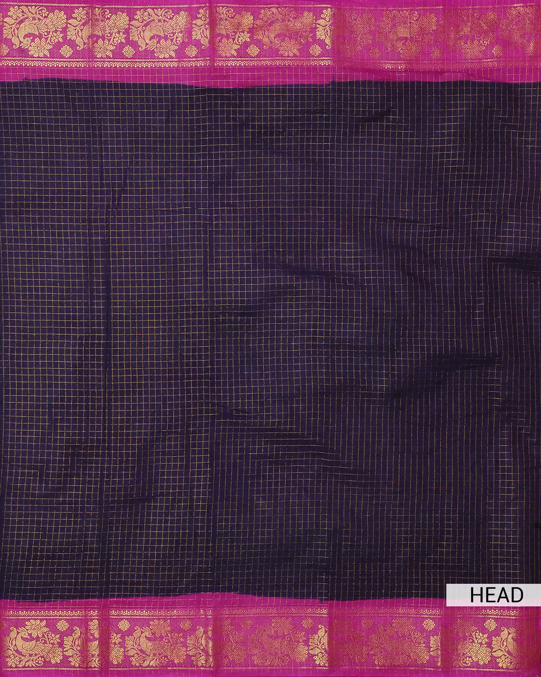 Navy Blue Checked Sungudi Cotton Saree with Rani Pink Contrast and Gold Zari Woven Peacock Floral Border