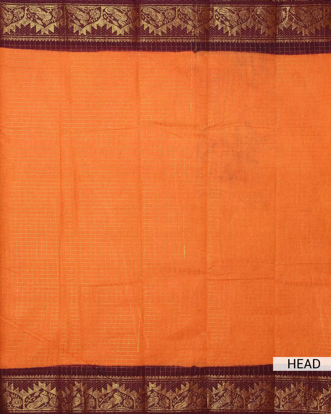 Bright Orange Sungudi Cotton Saree with Wine Maroon Contrast and Antique Gold Zari Woven Floral Border