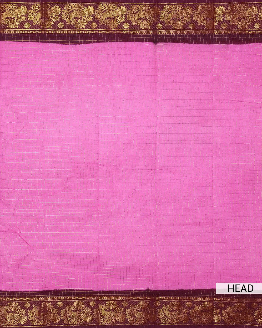 Light Pink Checked Sungudi Cotton Saree with Wine Maroon Contrast and Antique Gold Zari Woven Peacock Floral Border