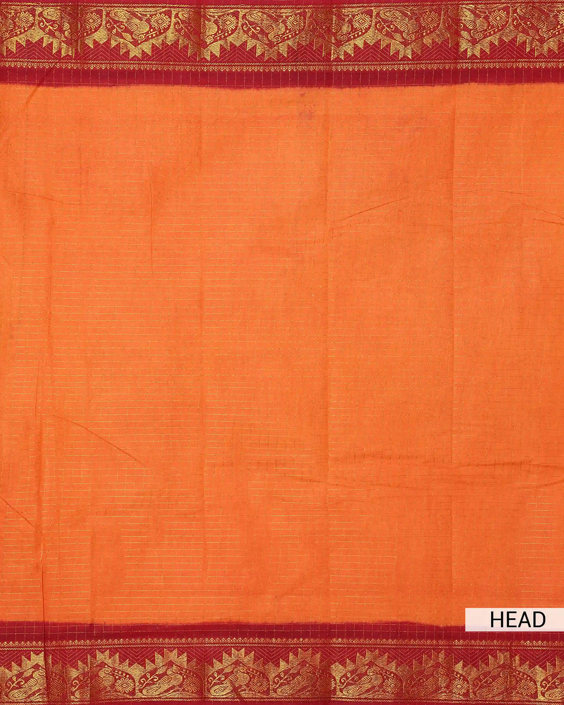 Bright Orange Checked Sungudi Cotton Saree with Crimson Red Contrast and Antique Gold Zari Woven Floral Border