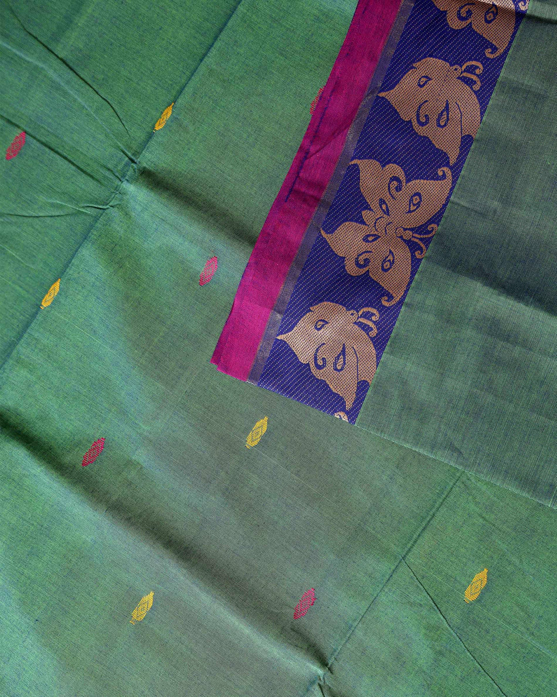 Traditional Chettinad Cotton Saree with Contrast Woven Temple Border and Motif Design - Green