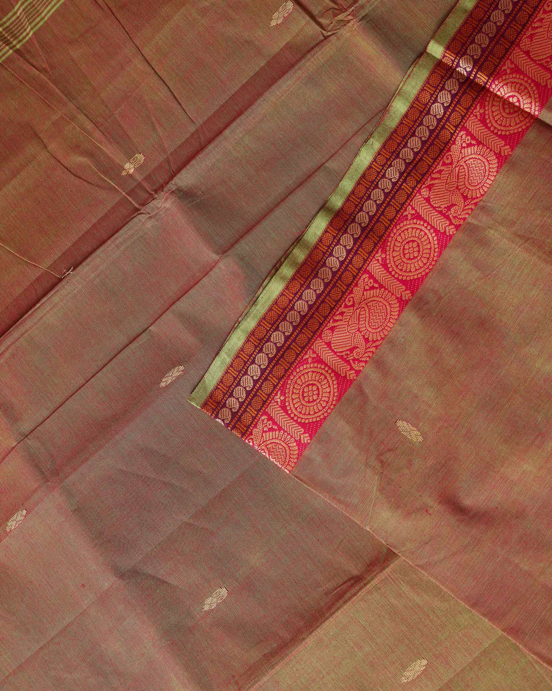 Traditional Chettinad Handloom Cotton Saree with Rich Jacquard Woven Temple and Paisley Border -Olive Green