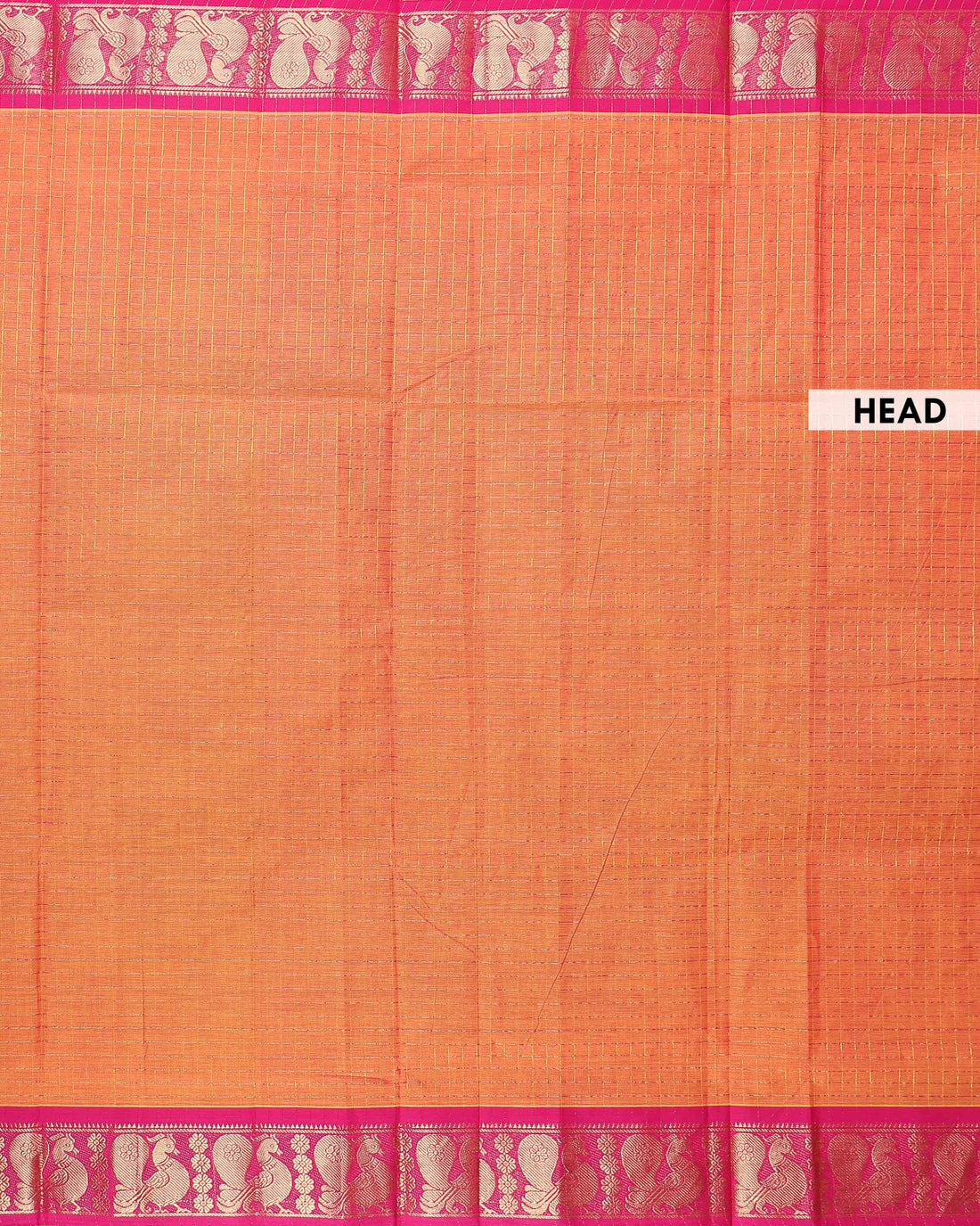 Traditional Chettinad Handloom Cotton Saree with Golden Checked Body and Peacock Motif Zari Border - Orange