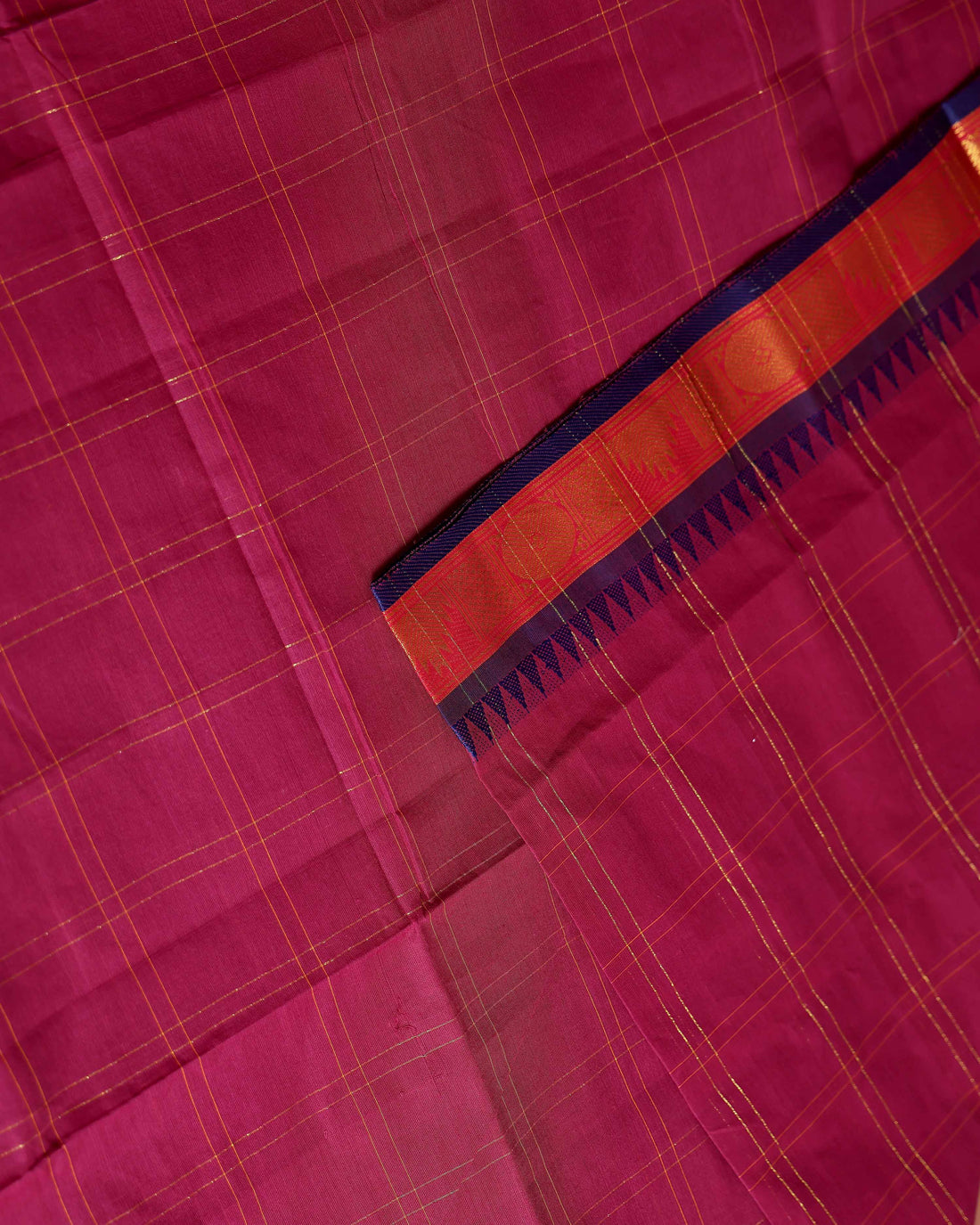 Handloom Venkatagiri Handloom Cotton Saree with Subtle Checked Weave and Contrast Temple Zari Border - Maroon