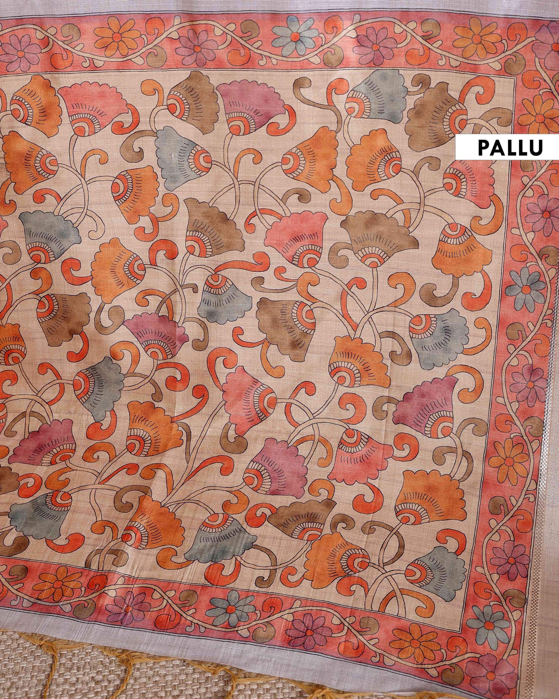 handcrafted-semi-chanderi-saree-with-floral-kalamkari-inspired-pallu-elegant-woven-border-light-brown