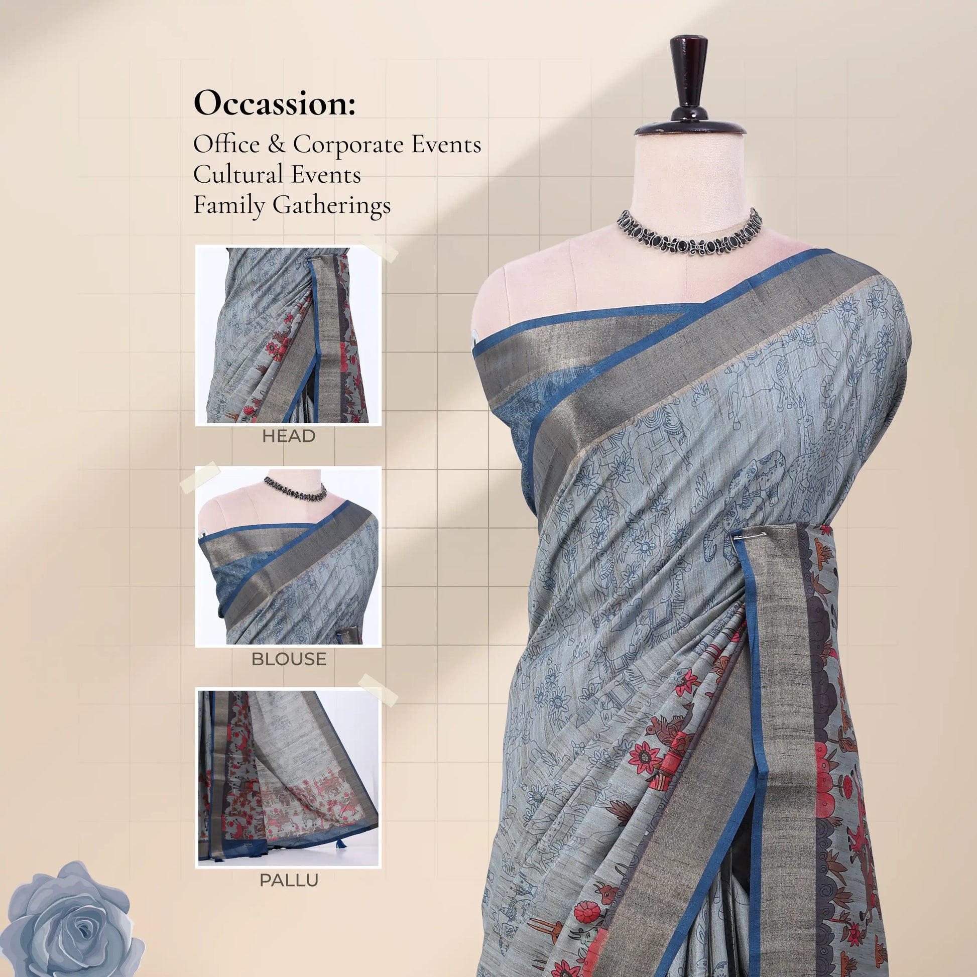 A light blue and gray printed saree with red floral motifs and a blue border with head, blouse, and pallu