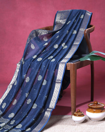 Classic Dola Silk Saree with Silver Tree Buti Motifs and Rich Woven Zari Border - Blue