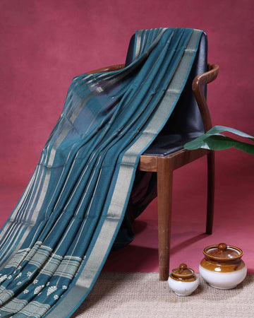 Elegant  Dola Saree with Striped Body and Intricate Zari Woven Paisley and Geometric Motif Contrast Border - Teal