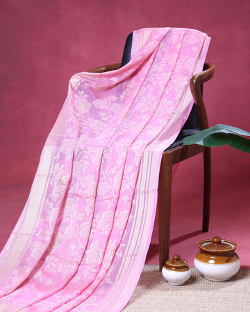 Elegant Dola Saree with Intricate Floral Motifs and Zari Border – Pink