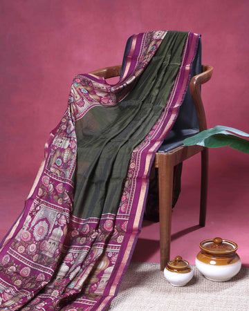 Elegant Semi Chanderi Saree With Intricate Temple & Floral Motifs and Traditional Zari Accents - Olive