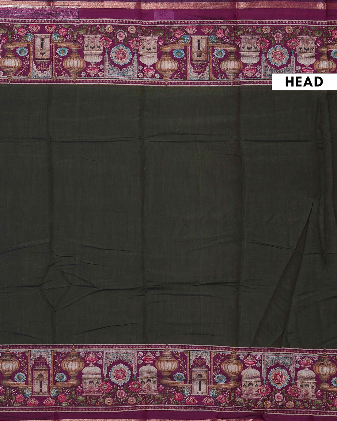 Elegant Semi Chanderi Saree With Intricate Temple & Floral Motifs and Traditional Zari Accents - Olive