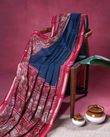 Elegant Semi Chanderi Saree With Intricate Temple & Floral Motifs and Traditional Zari Accents - Blue