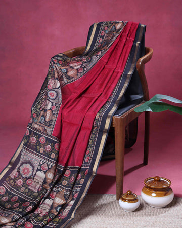 Elegant Semi Chanderi Saree With Intricate Temple & Floral Motifs and Traditional Zari Accents - Red