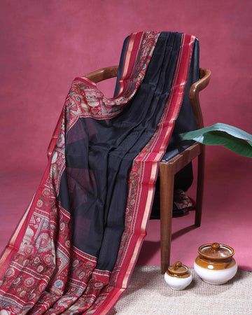 Elegant Semi Chanderi Saree With Intricate Temple & Floral Motifs and Traditional Zari Accents - Black