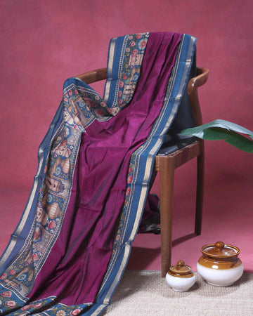 Elegant Semi Chanderi Saree With Intricate Temple & Floral Motifs and Traditional Zari Accents - Burgundy