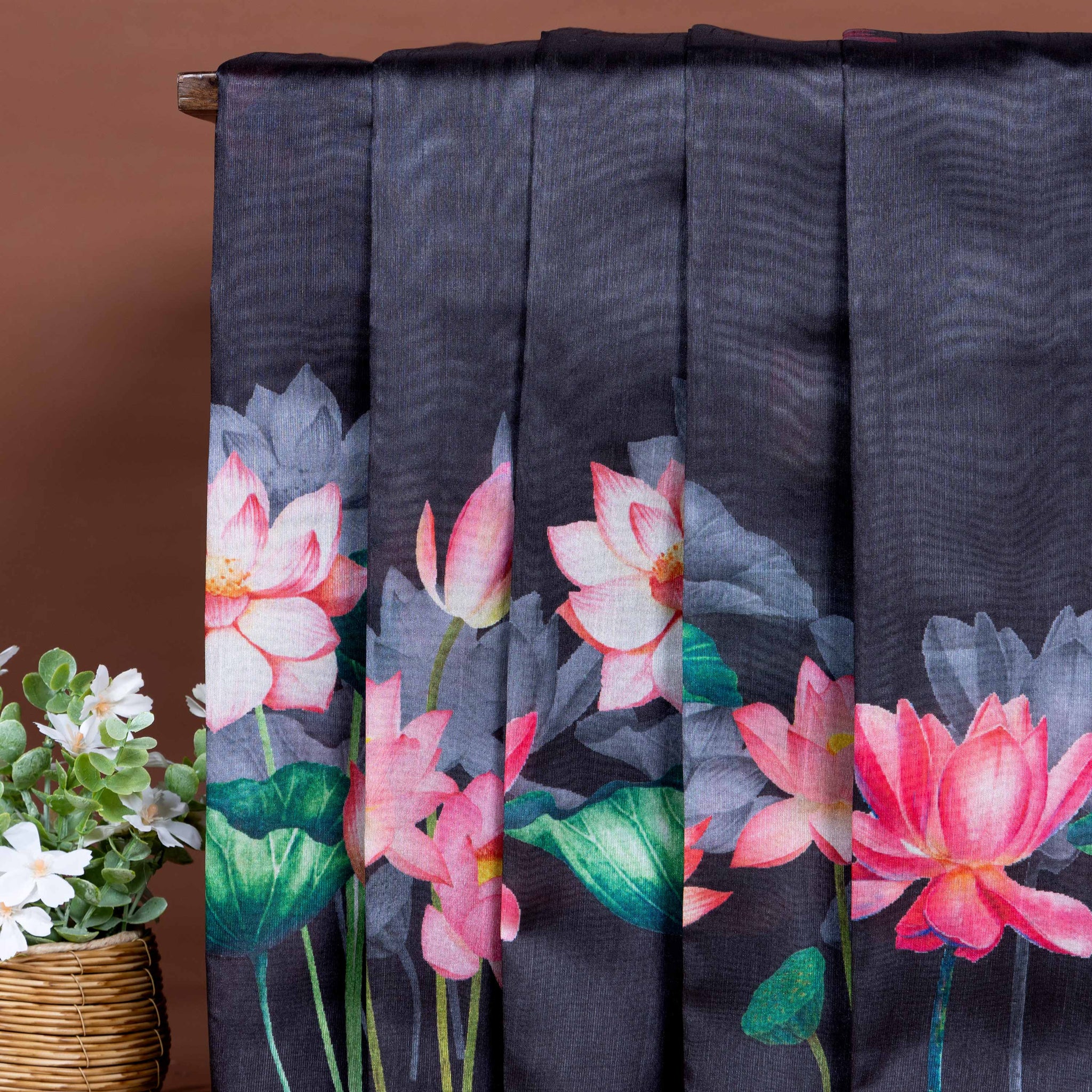 Linen Cotton Saree with Elegant Floral Print - Black