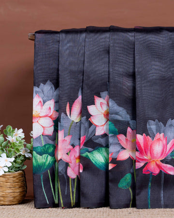 Linen Cotton Saree with Elegant Floral Print - Black