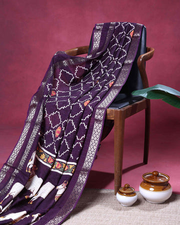 Classic Dola Silk Saree with Traditional Floral Lattice Patterns And Silver Zari Border - Violet