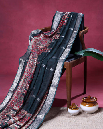 Elegant Dola Saree with Silver Butta Motifs and Traditional Folk Art Border - Bottle Green