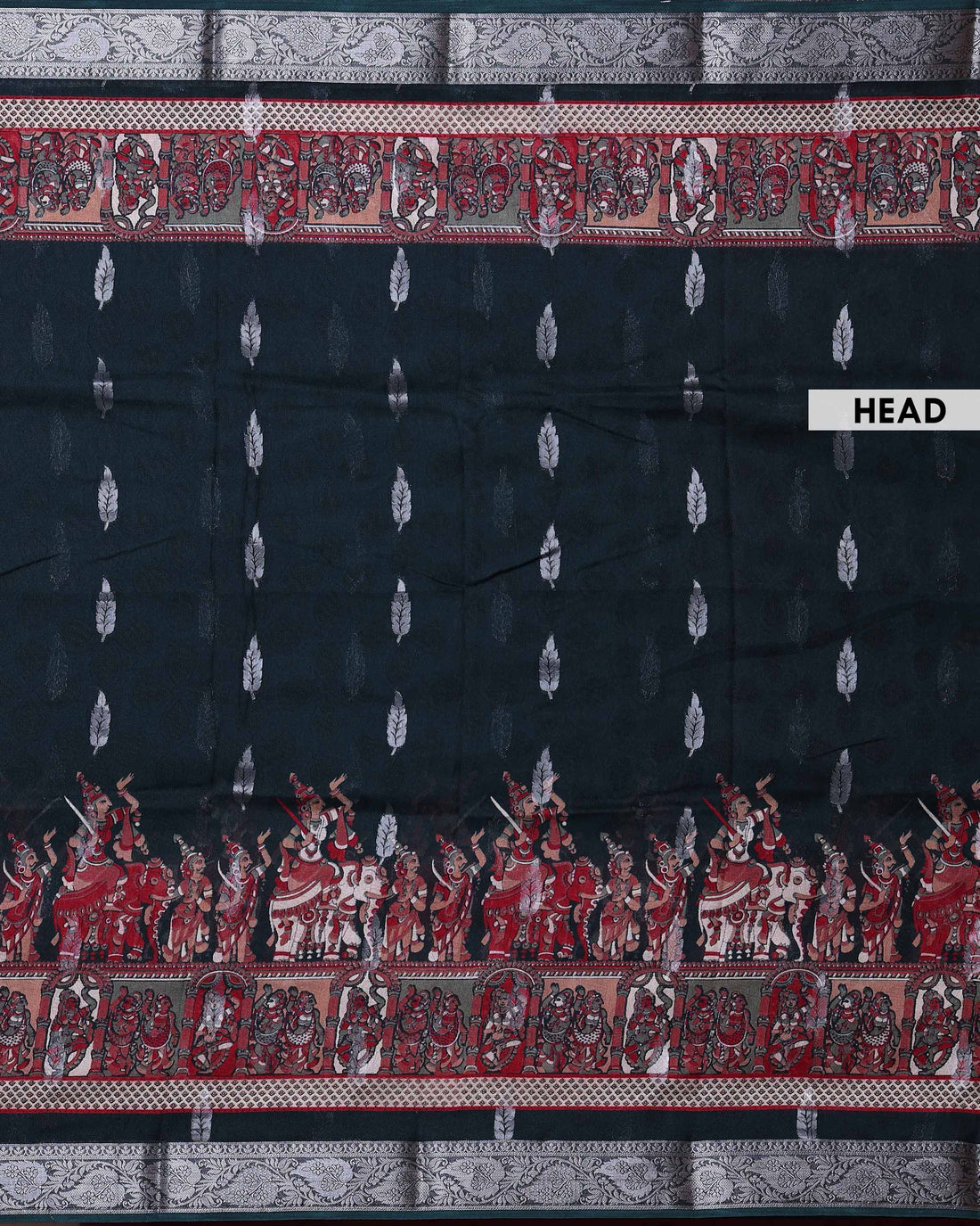 Elegant Dola Saree with Silver Butta Motifs and Traditional Folk Art Border - Bottle Green