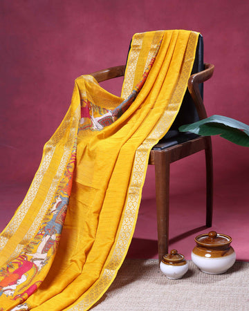 Elegant Dola Saree with Traditional Animal Motifs And A Silver Zari Border - Yellow