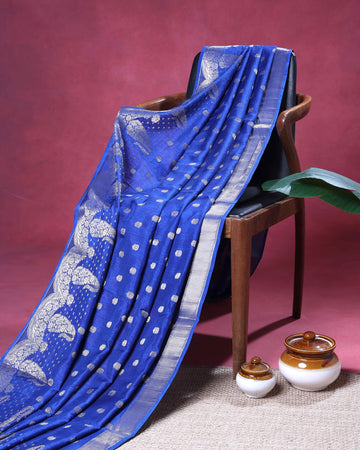 Elegant Semi Banarasi Saree with All over Silver Buti Motifs Pichwai Zari Woven Border - Blue
